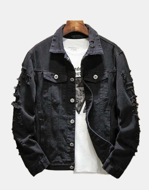 Distressed Denim Jacket Black, XXL - Streetwear Jackets - Slick Street