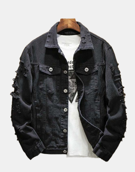 Distressed Denim Jacket Black, XS - Streetwear Jackets - Slick Street