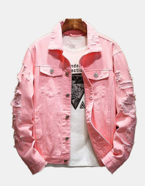 Distressed Denim Jacket Pink, XS - Streetwear Jackets - Slick Street
