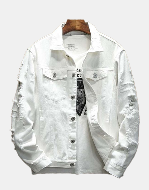 Distressed Denim Jacket White, XXXL - Streetwear Jackets - Slick Street
