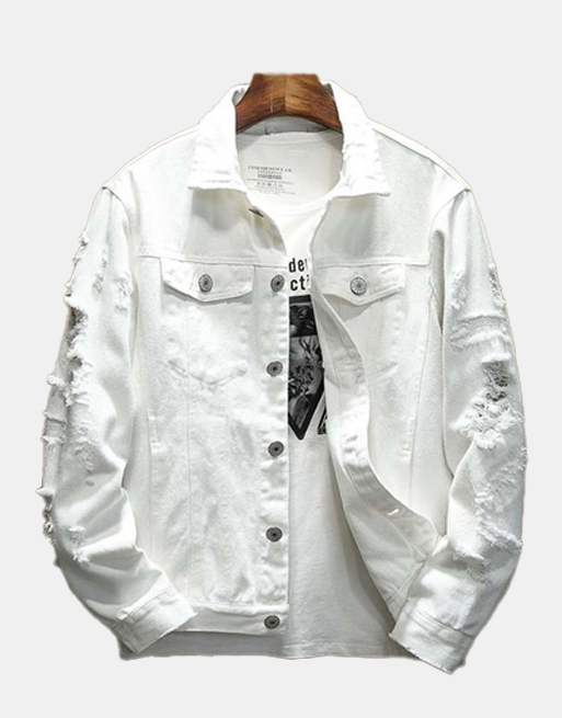 Distressed Denim Jacket White, XS - Streetwear Jackets - Slick Street