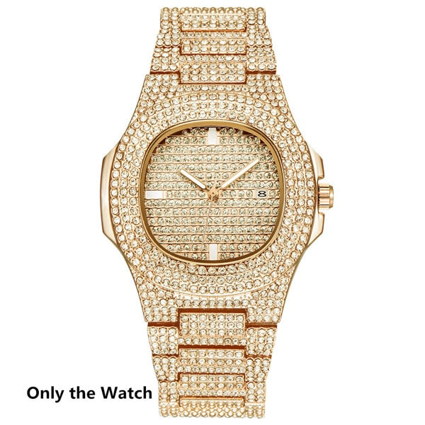 Ice Knight. Iced Out Watch Set (Silver/Gold) Only Gold watch,  - Streetwear Jewellery - Slick Street